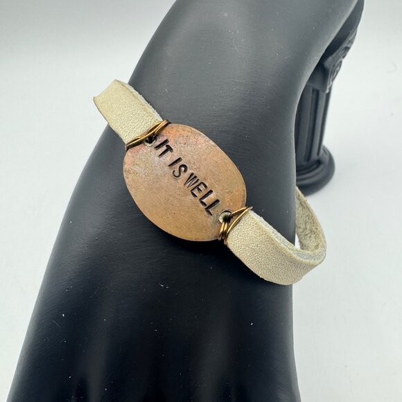 Handmade Beige Leather Bracelet With It Is Well Copper Plate & Snap Closure - Picture 2 of 4